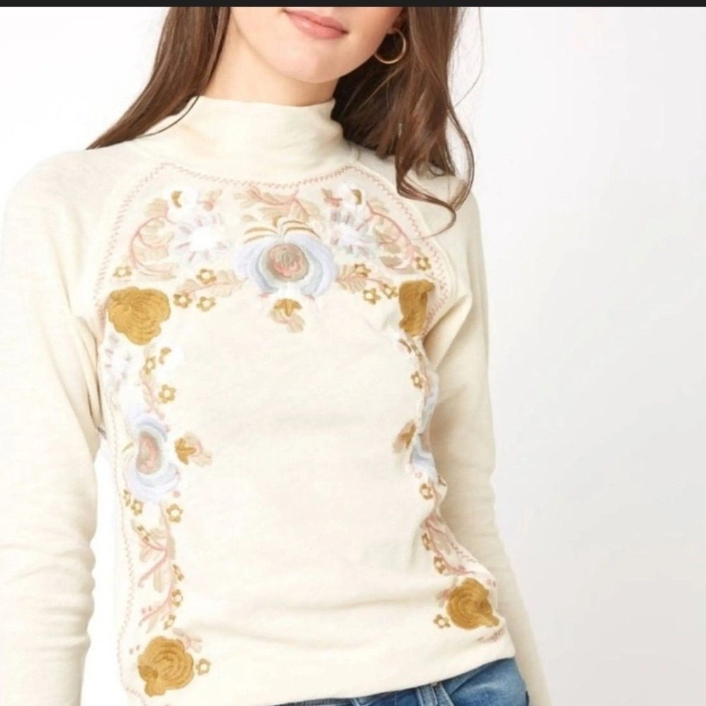 Free People Embroidered Mock Neck Long Sleeve Top Ivory Floral Cotton XS